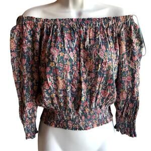 Rachel Zoe Romantic Floral Cropped Blouse with Shirring, Puffy Sleeves size XS